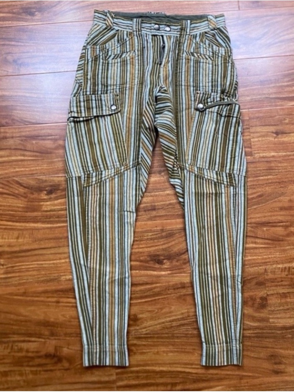 Free People Women's Olive Tan Stripe Cotton Cargo Haram Crop Pants Size 0 Boho